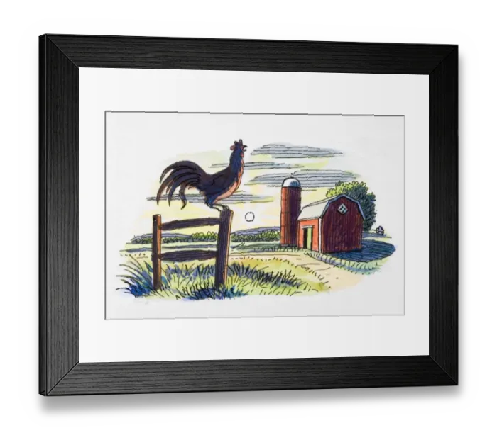 Framed Print : Rooster on gate post, in front of farm building and rising sun Framed Print : Rooster on gate post, in front of farm building and rising sun