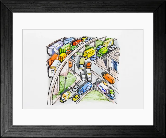 Framed Print : Traffic in streets and on flyover Framed Print : Traffic in streets and on flyover