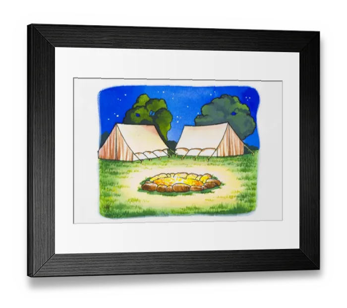 Framed Print : Open fire and two tents in background Framed Print : Open fire and two tents in background