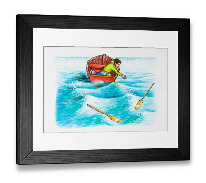 Framed Print : Person in boat reaching for paddles in water Framed Print : Person in boat reaching for paddles in water