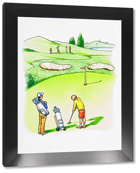 Golfers on golf course, woman preparing to strike, caddy standing nearby