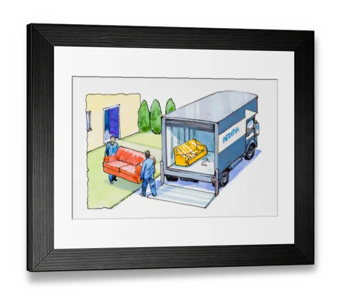 Framed Print : Two men carrying sofa towards removal van Framed Print : Two men carrying sofa towards removal van