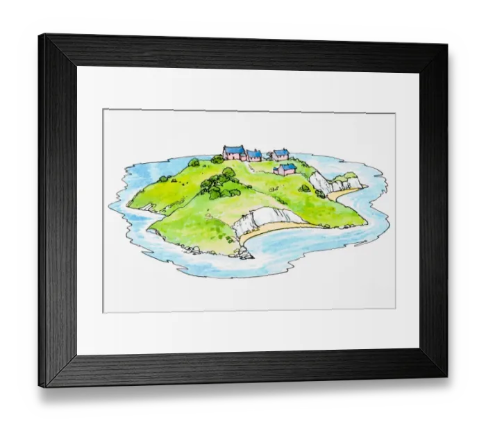 Framed Print : Small island with four houses on it Framed Print : Small island with four houses on it