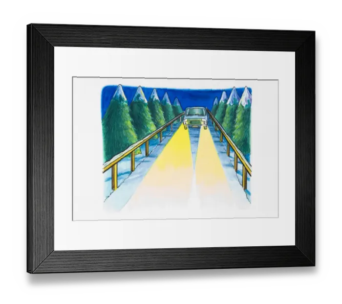 Framed Print : Car with bright headlights on driving along snow-covered road lined with trees