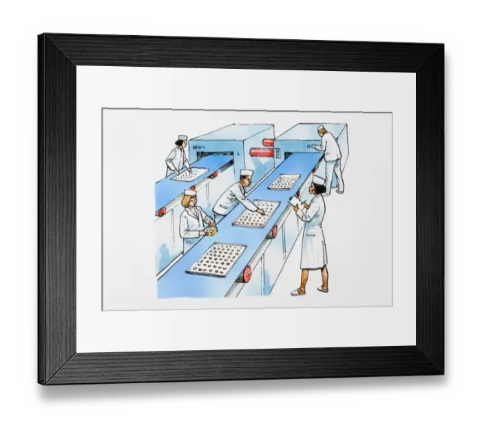 Framed Print : Workers on production line at food processing plant, supervisor taking notes on clipboard Framed Print : Workers on production line at food processing plant, supervisor taking notes on clipboard