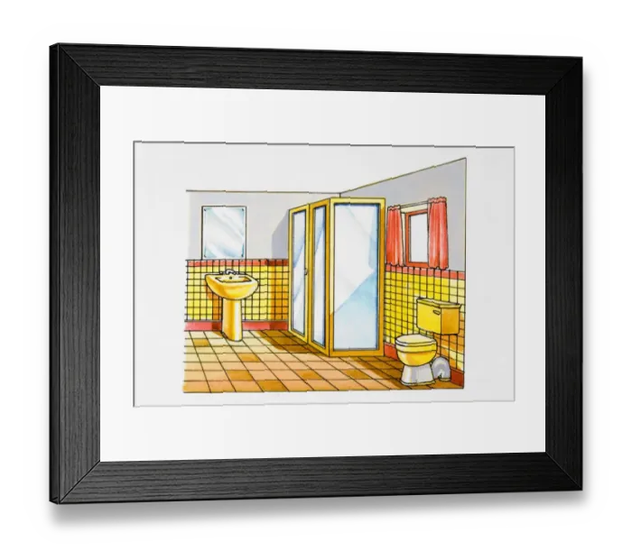 Framed Print : Bathroom with shower and red and yellow tiles Framed Print : Bathroom with shower and red and yellow tiles