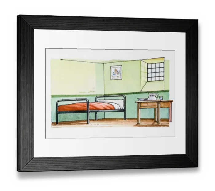 Framed Print : Room furnished with single bed and small table Framed Print : Room furnished with single bed and small table