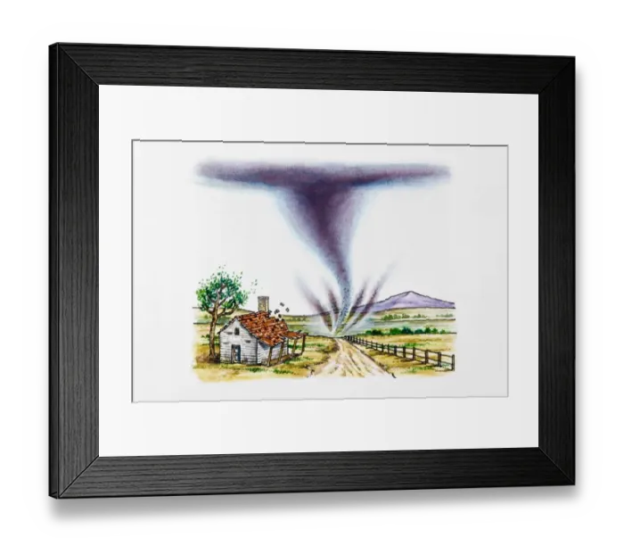 Framed Print : Tornado in rural landscape, tiles flying off roof Framed Print : Tornado in rural landscape, tiles flying off roof