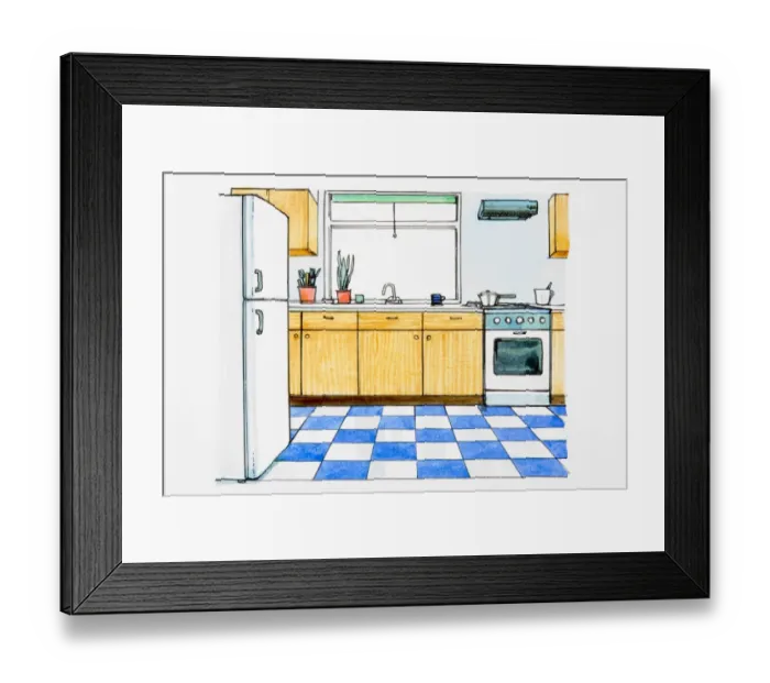 Framed Print : Domestic kitchen with blue and white tiled floor, window above sink Framed Print : Domestic kitchen with blue and white tiled floor, window above sink