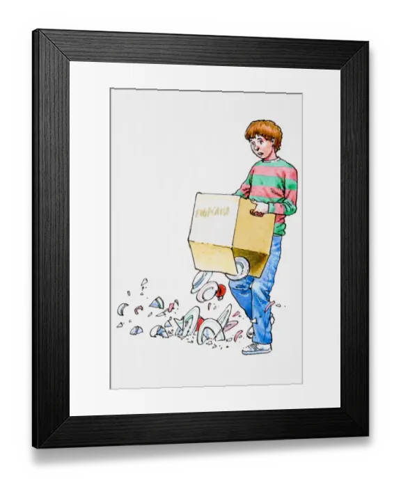 Framed Print : Boy holding box, contents dropping onto floor Framed Print : Boy holding box, contents dropping onto floor