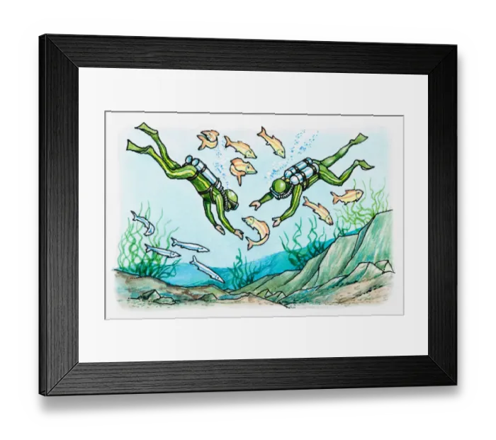 Framed Print : Two divers surrounded by fish Framed Print : Two divers surrounded by fish