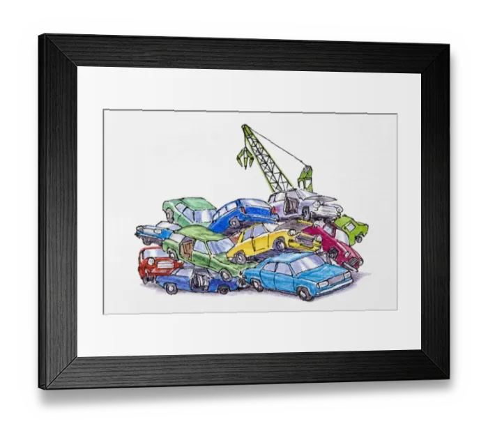 Framed Print : Cars piled up in scrapyard, crane Framed Print : Cars piled up in scrapyard, crane
