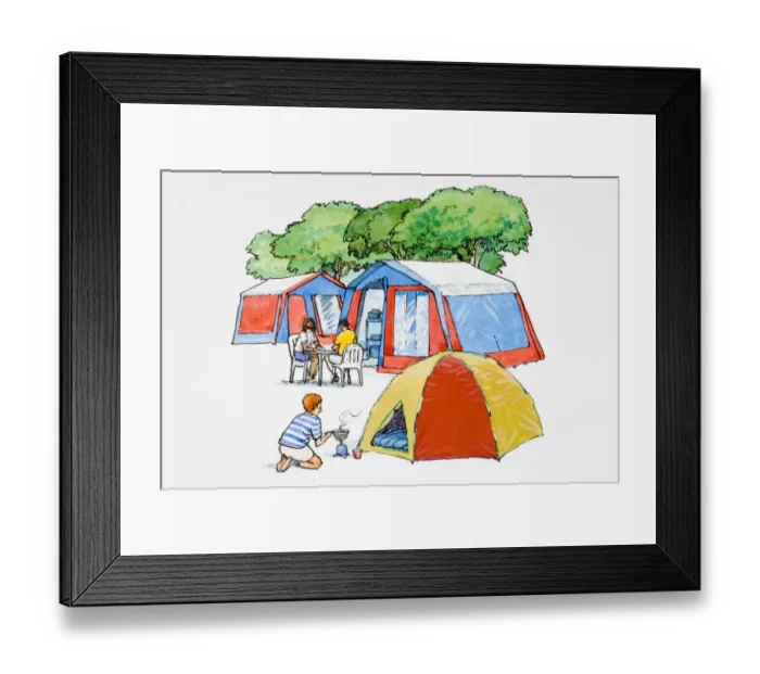 Framed Print : Small group of people outside tents at campsite Framed Print : Small group of people outside tents at campsite