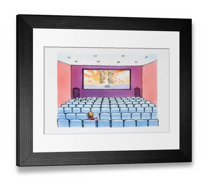 Framed Print : Single person in cinema watching credits Framed Print : Single person in cinema watching credits