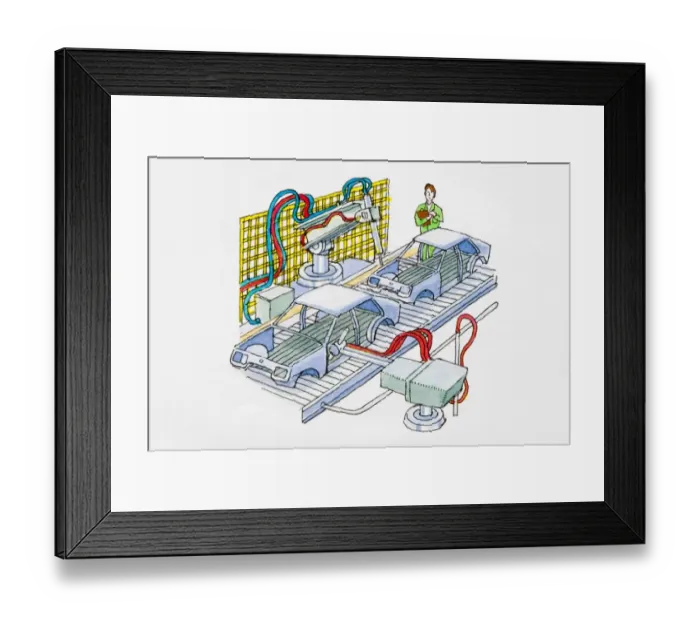 Framed Print : Man supervising car production on assembly line Framed Print : Man supervising car production on assembly line