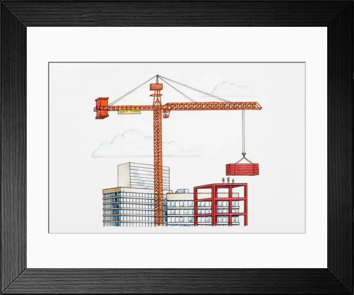 Framed Print : Crane lifting building materials above skyscrapers Framed Print : Crane lifting building materials above skyscrapers
