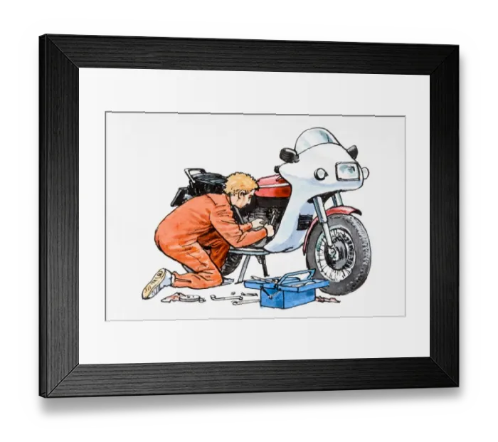 Framed Print : Man in overalls repairing motorbike Framed Print : Man in overalls repairing motorbike