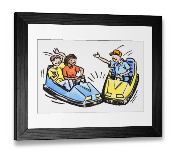 Framed Print : Boy and girl in dodgem, single boy in second dodgem Framed Print : Boy and girl in dodgem, single boy in second dodgem