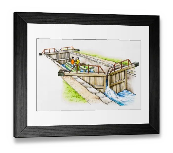 Framed Print : Boat behind partly opened gates of lock Framed Print : Boat behind partly opened gates of lock