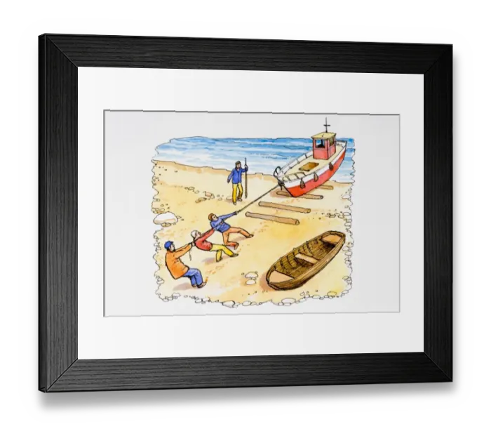 Framed Print : Fisherman pulling trawler onto beach Framed Print : Fisherman pulling trawler onto beach