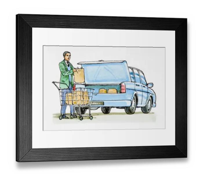 Framed Print : Man moving paper shopping bags from shopping trolley into boot of car