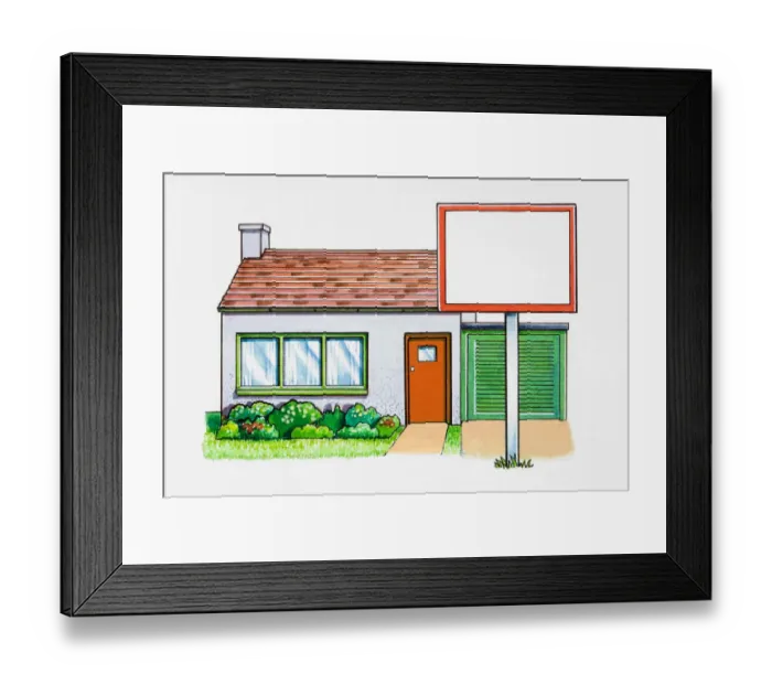 Framed Print : House with signboard in front