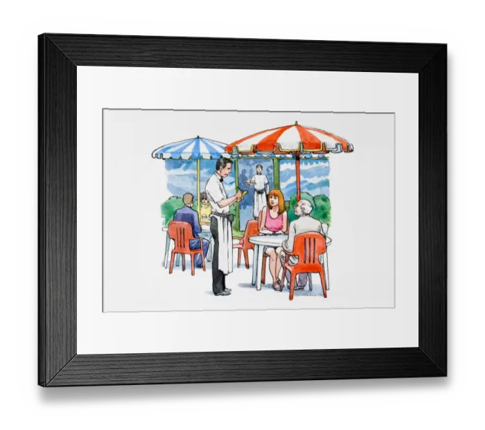 Framed Print : Waiter taking orders in outdoor area Framed Print : Waiter taking orders in outdoor area