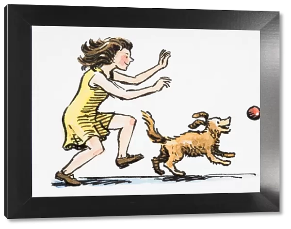 Dog chasing after ball, girl following close behind