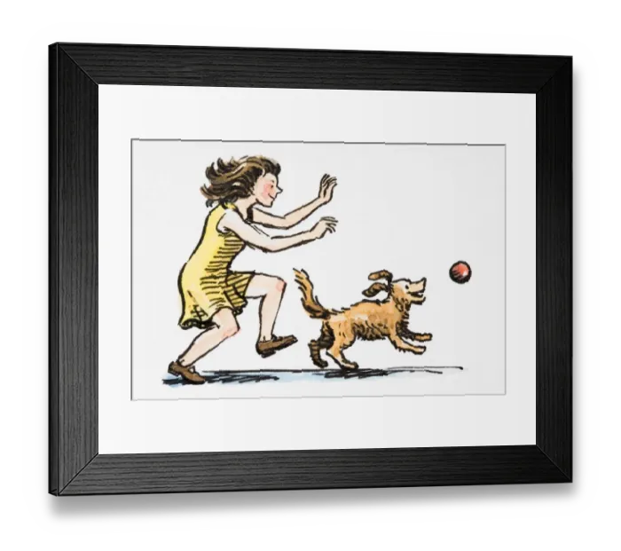 Framed Print : Dog chasing after ball, girl following close behind Framed Print : Dog chasing after ball, girl following close behind