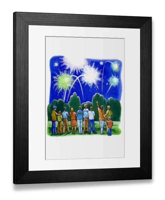 Framed Print : Group of people watching fireworks display in a park Framed Print : Group of people watching fireworks display in a park