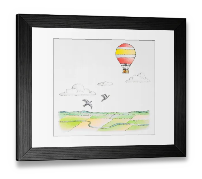 Framed Print : Tow birds chasing a hot air balloon