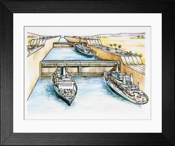 Framed Print : Illustration of cruise ships in row of canal locks Framed Print : Illustration of cruise ships in row of canal locks