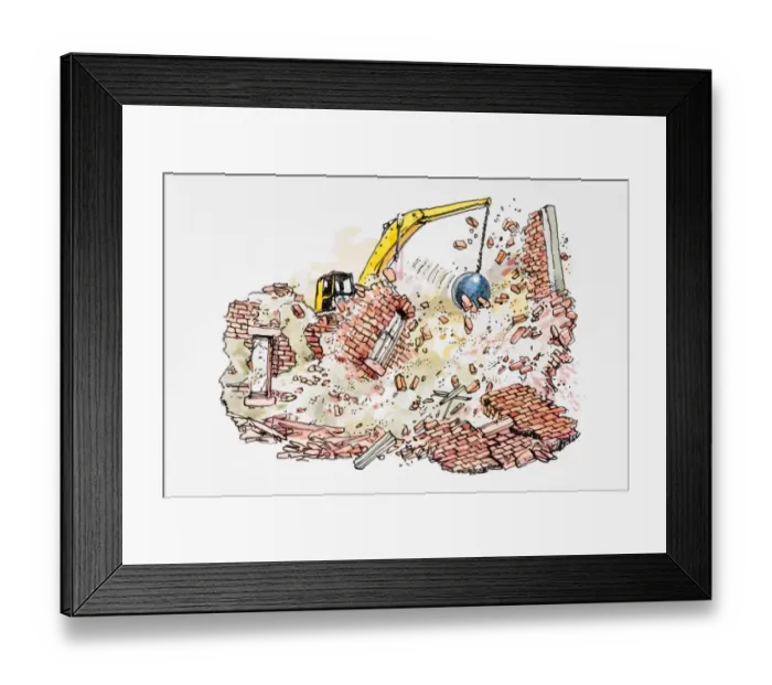 Framed Print : Demolishing a building with a wrecking ball Framed Print : Demolishing a building with a wrecking ball