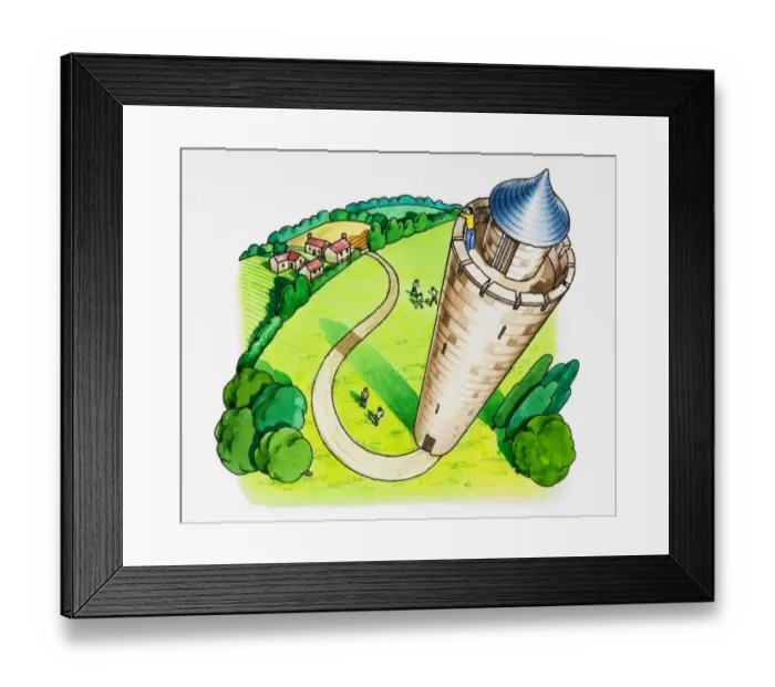 Framed Print : Person looking at landscape below from high tower Framed Print : Person looking at landscape below from high tower