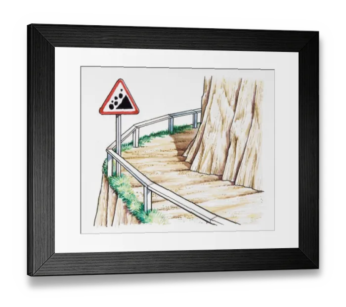 Framed Print : Road sign at edge of mountain road, warning of falling rocks Framed Print : Road sign at edge of mountain road, warning of falling rocks
