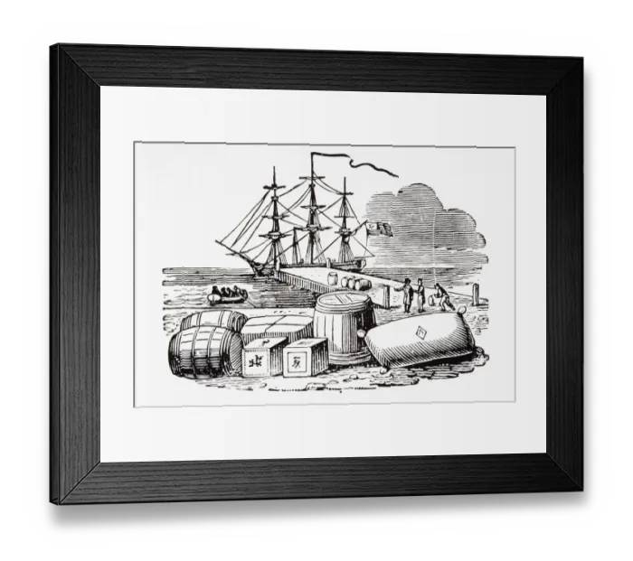 Framed Print : Black and white illustration of ship at end of pier, barrels and boxes on shore