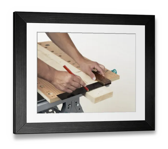 Framed Print : Person marking line on wood against square Framed Print : Person marking line on wood against square