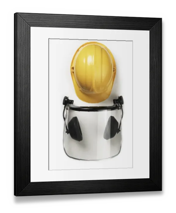 Framed Print : Machinery helmet and hard hat