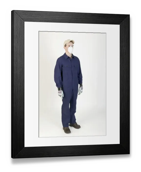 Framed Print : Man standing, wearing overalls, mask, gloves and cap