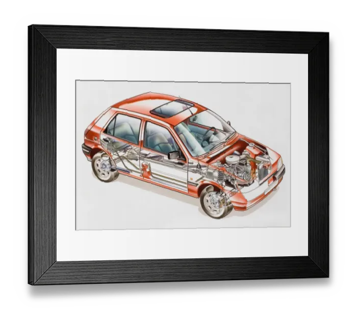 Framed Print : Illustration of car and engine Framed Print : Illustration of car and engine