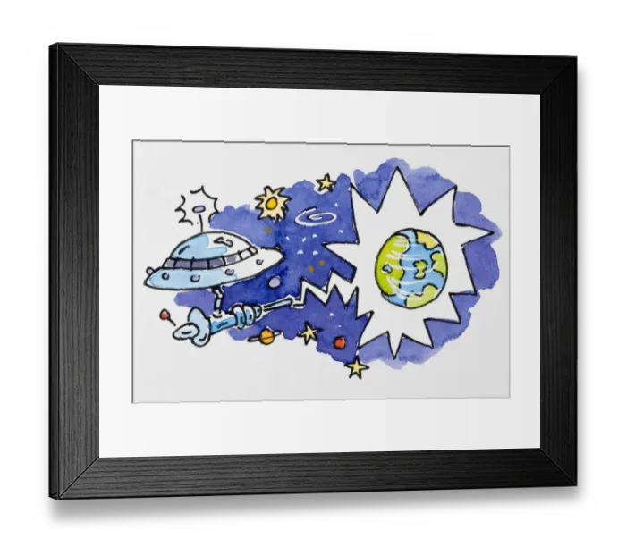 Framed Print : Cartoon of spaceship firing laser at Earth Framed Print : Cartoon of spaceship firing laser at Earth