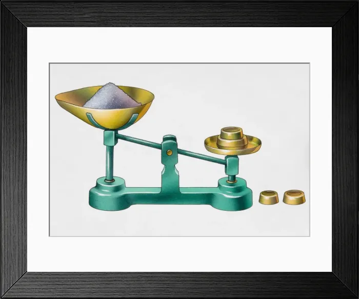 Framed Print : Scales measuring powder