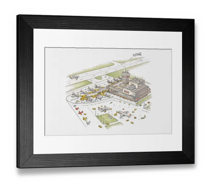 Framed Print : Commercial airport including terminal building and runway Framed Print : Commercial airport including terminal building and runway