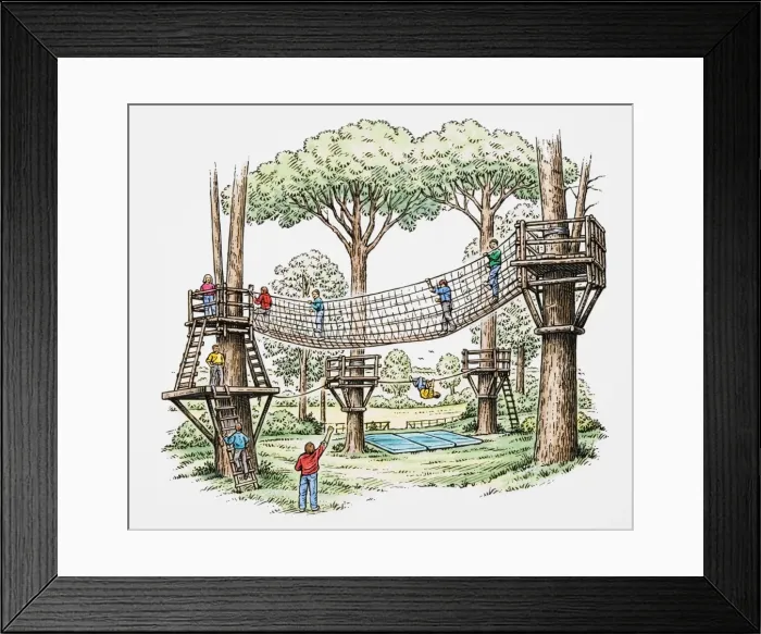 Framed Print : Children on rope bridge and climbing along rope Framed Print : Children on rope bridge and climbing along rope