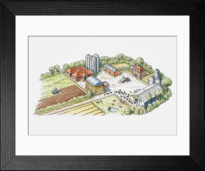 Framed Print : Farm buildings, farmyard and fields