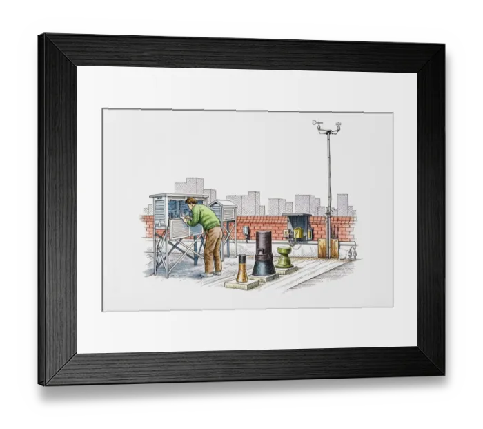 Framed Print : Weather station on rooftop, man checking equipment Framed Print : Weather station on rooftop, man checking equipment