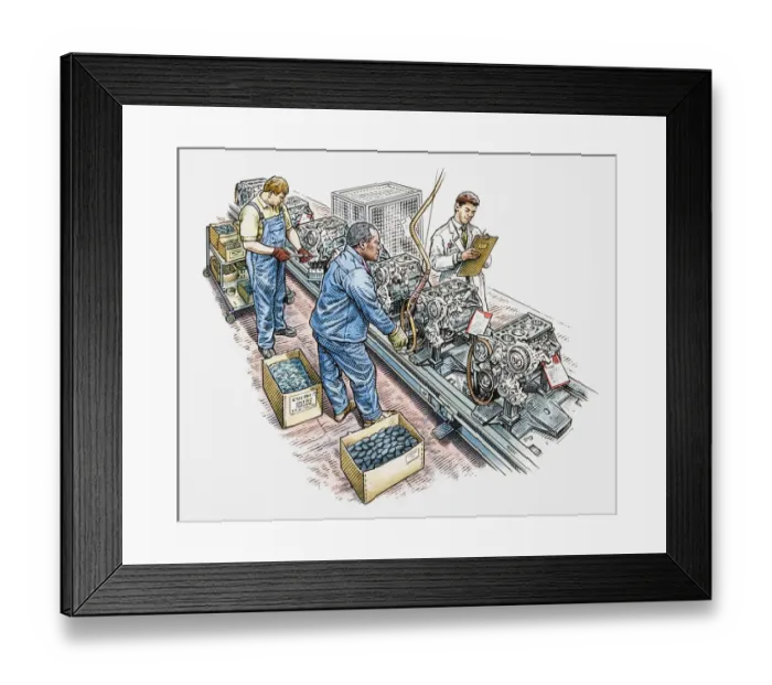 Framed Print : Workers assembling parts on a production line, supervisor taking notes on clipboard Framed Print : Workers assembling parts on a production line, supervisor taking notes on clipboard