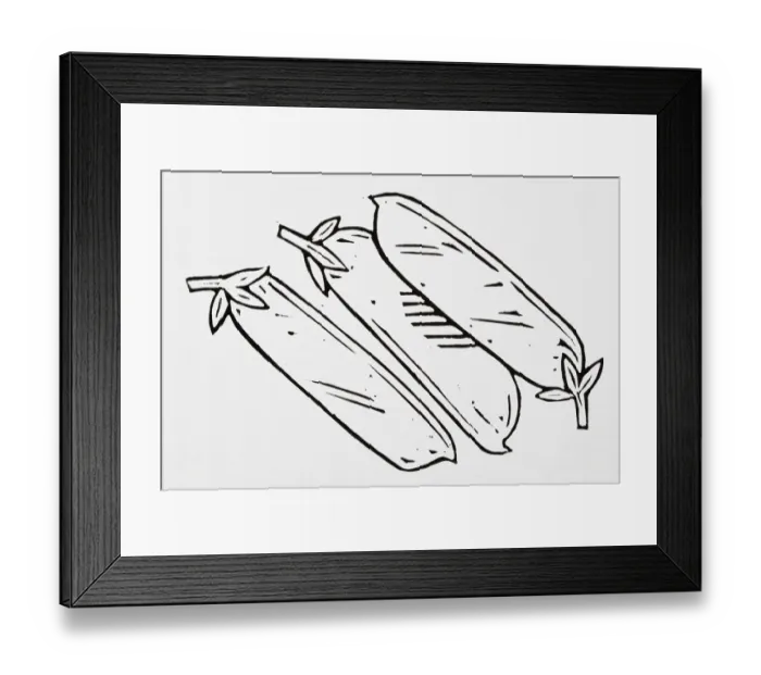 Framed Print : Black and white illustration of three aubergines