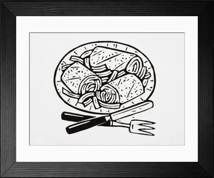 Framed Print : Black and white illustration of tortilla wraps on a plate, fork and knife Framed Print : Black and white illustration of tortilla wraps on a plate, fork and knife