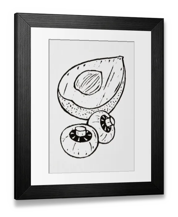 Framed Print : Black and white illustration of avocado half and two mushrooms Framed Print : Black and white illustration of avocado half and two mushrooms